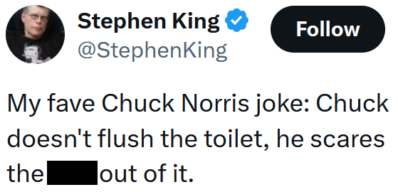 Leitura de tweets "Minha piada favorita de Chuck Norris: Chuck não dá descarga, ele assusta muito."