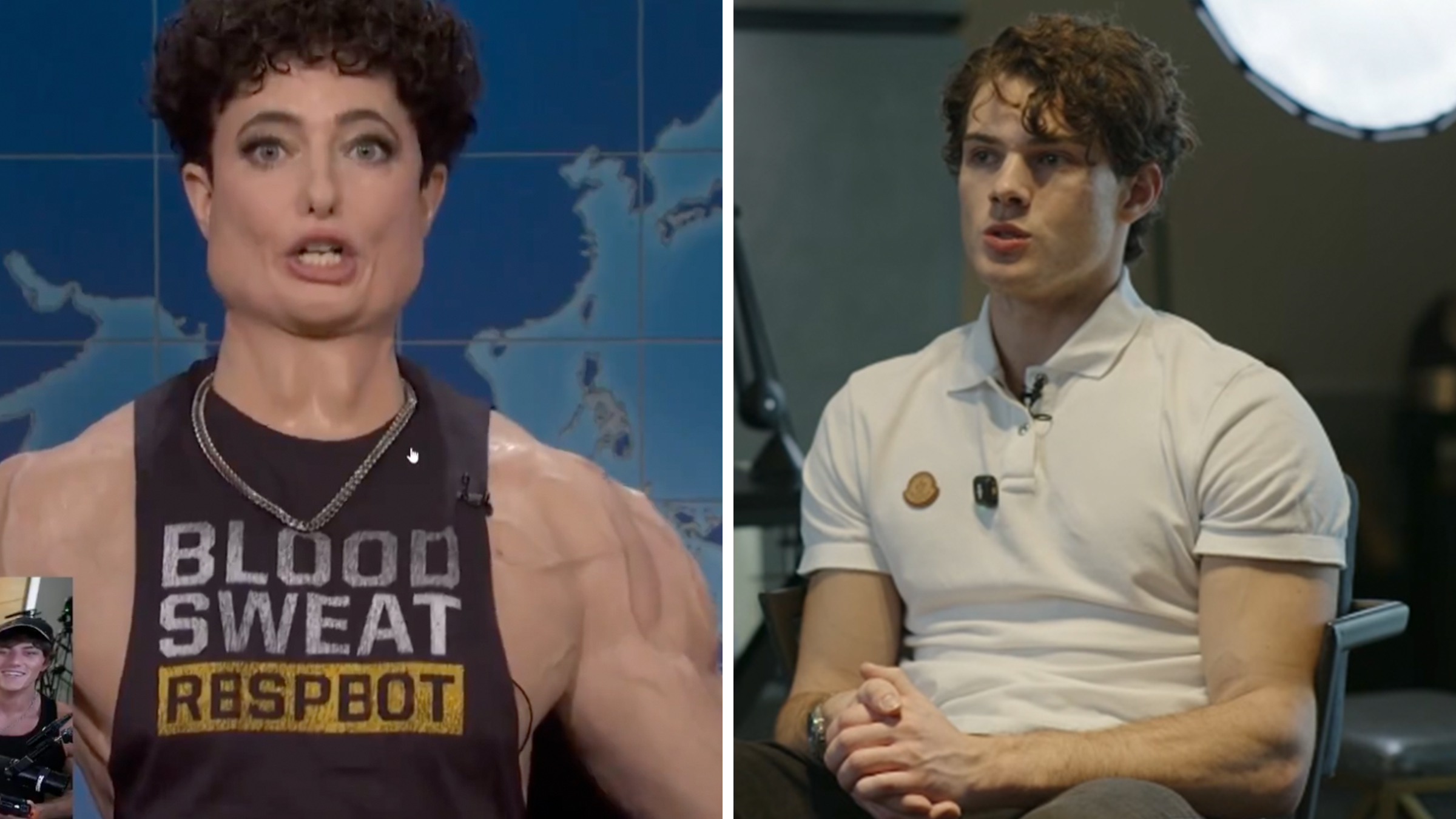 Left: Comedian Sarah Sherman parodying streamer Clavicular. Right: "Looksmaxxer" and streamer Clavicular in a white polo shirt.