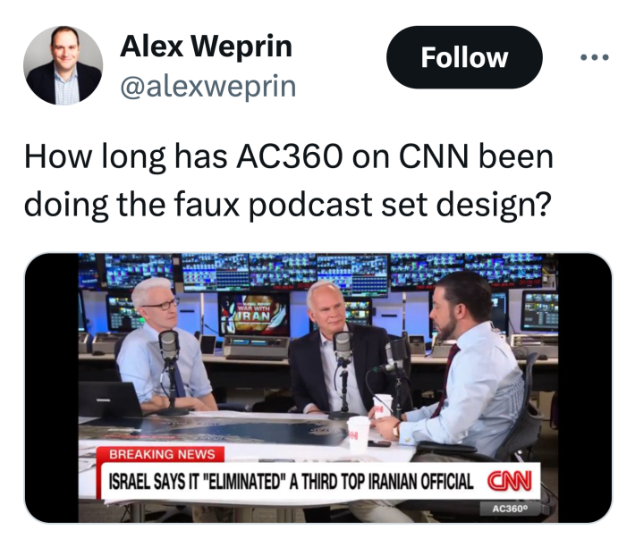 Tweet that reads, "How long has AC360 on CNN been doing the faux podcast set design?" with a screenshot of AC360 of Cooper and two other men speaking on podcast mics around a table with a busy, screen-filled background.