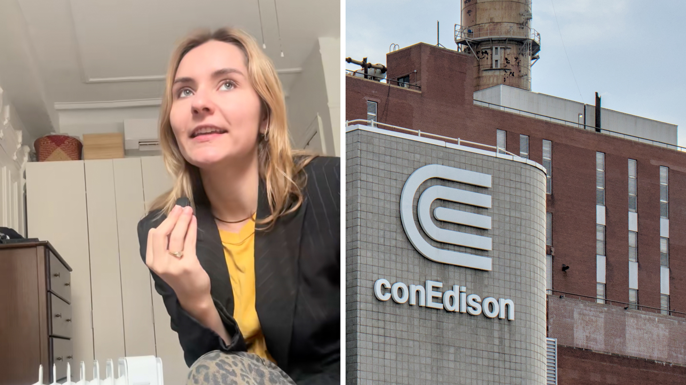 Left: Blonde woman in a black blazer speaking into a microphone. Right: Con Edison electric power plant with two smoke stacks in Manhattan, New York City.