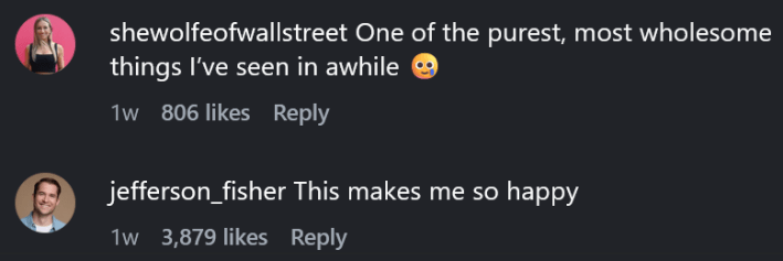 Comentários do Instagram incluindo uma leitura "Uma das coisas mais puras e saudáveis ​​que já vi há algum tempo"