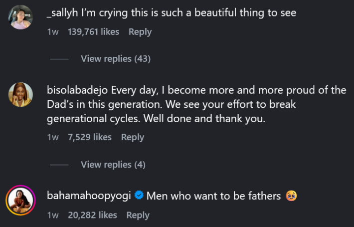 Comentários do Instagram incluindo uma leitura "Estou chorando, isso é uma coisa tão linda de se ver"