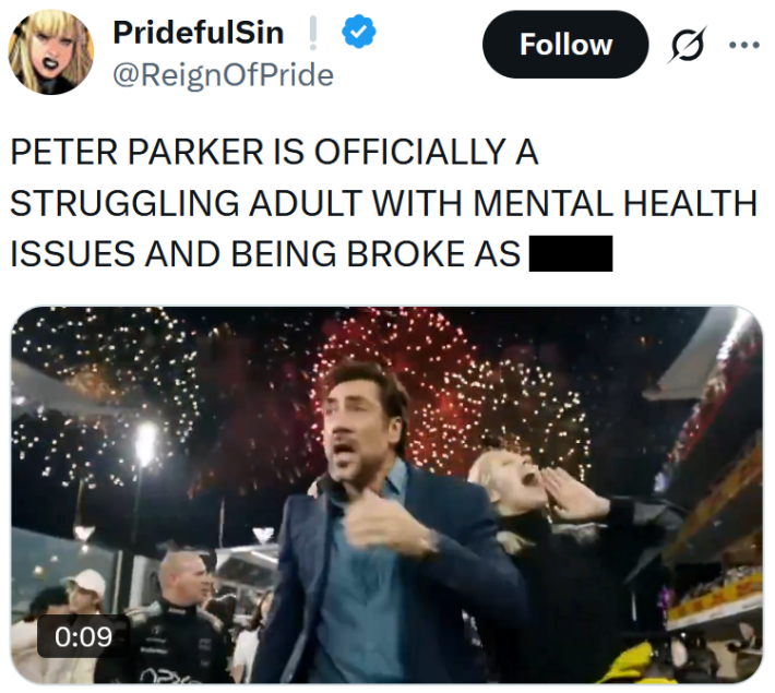 Tweet reading "PETER PARKER IS OFFICIALLY A STRUGGLING ADULT WITH MENTAL HEALTH ISSUES AND BEING BROKE AS SHIT" with a gif of people celebrating.