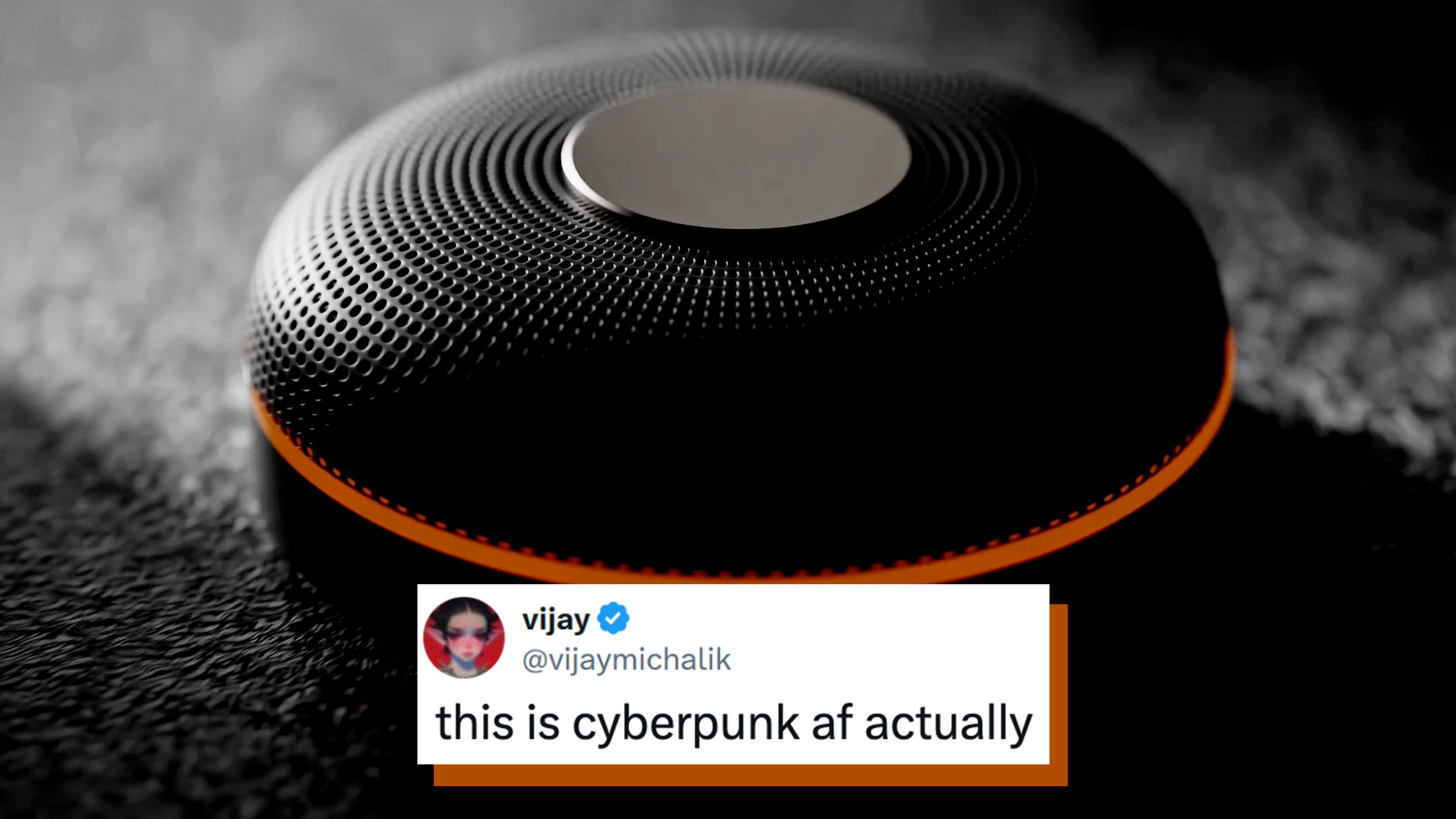 New Deveillance Spectre 1 device, a round tech device resembling a speaker. Tweet text overlay reads, "this is cyberpunk af actually."