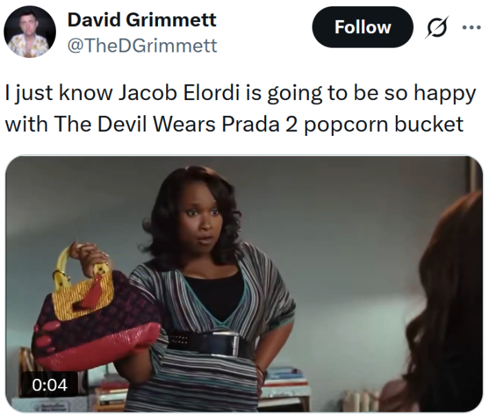 Tweet reading "I just know Jacob Elordi is going to be so happy with The Devil Wears Prada 2 popcorn bucket" with a clip of a woman showing off a purse.