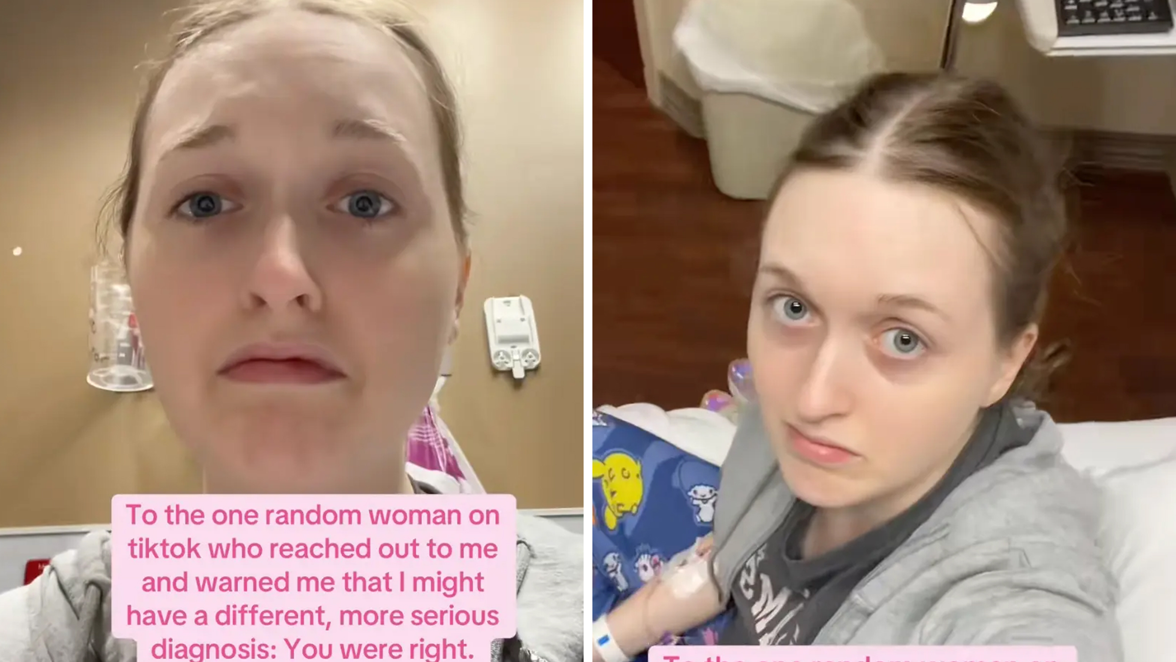 Woman frowning into teh camera, TikTok screenshot text overlay reads, "To the one random woman on TikTok who reached out to me and warned me that I might have a different, more serious diagnosis: You were right."