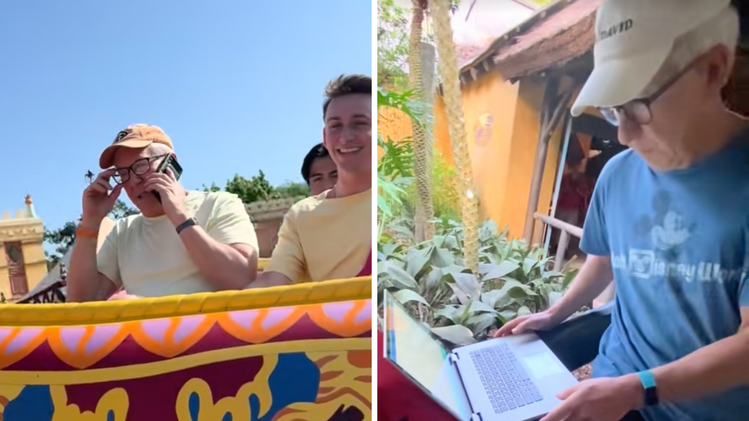 Left: Older man on the phone on a ride at Disney. Right: Older man on a laptop at a Disney park.