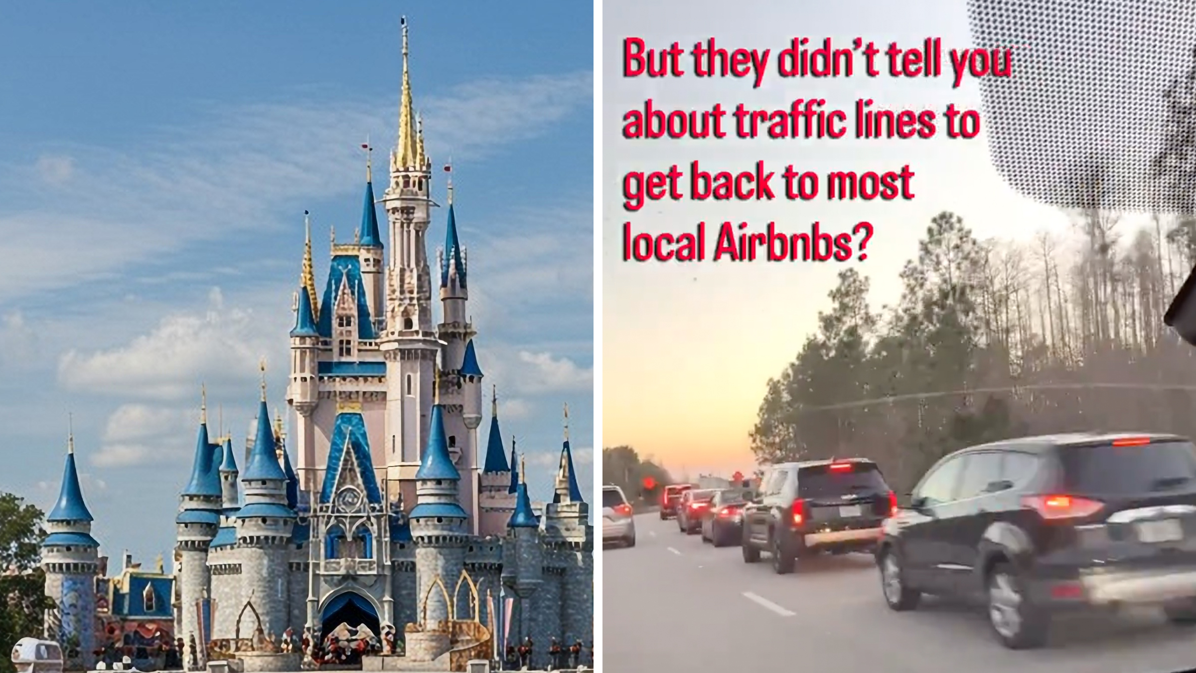 Left: Walt Disney World theme park in Orlando, Florida. Right: Line of cars sitting in traffic on I-4 interstate in Florida.