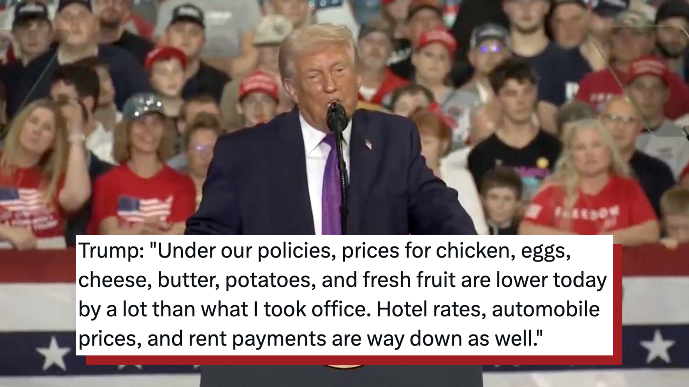 President Donald Trump speaking at a political rally in Kentucky on March 11, 2026. Tweet text overlay reads, "Trump: 'Under our policies, prices for chicken, eggs, cheese, butter, potatoes, and fresh fruit are lower today by a lot than what I took office. Hotel rates, automobile prices, and rent payments are way down as well.'"