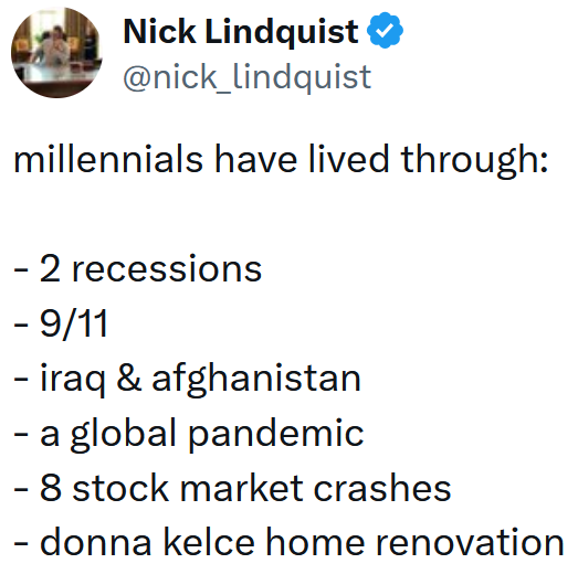 Tweet reading "millennials have lived through: - 2 recessions - 9/11 - iraq & afghanistan - a global pandemic - 8 stock market crashes - donna kelce home renovation"
