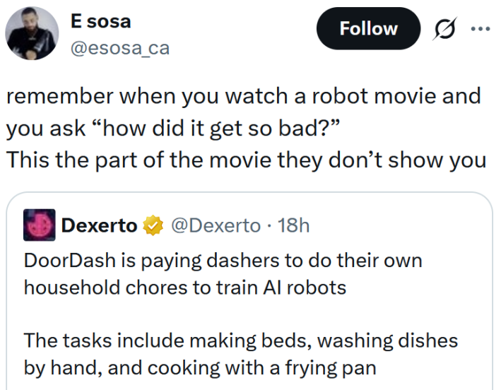 Tweet reading "remember when you watch a robot movie and you ask “how did it get so bad?” This the part of the movie they don’t show you"