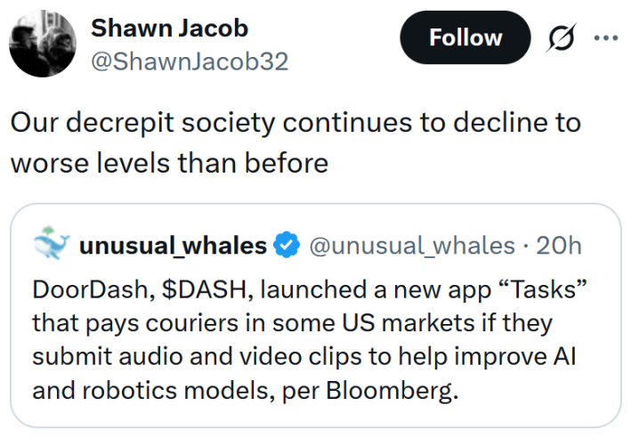 Tweet reading "Our decrepit society continues to decline to worse levels than before"