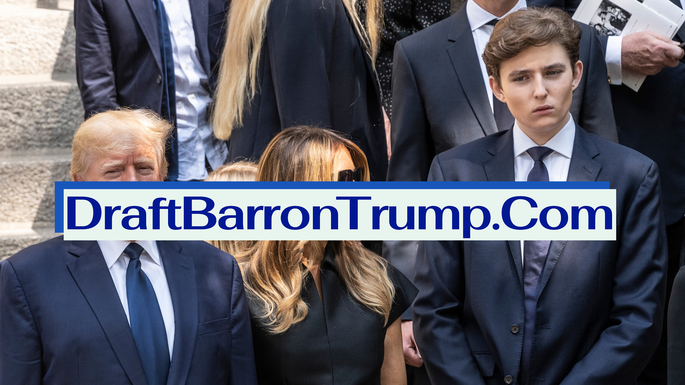 resident Donald Trump, Melania Trump, Barron Trump watch as casket with body of Ivana Trump loaded into hearse at St. Vincent Ferrer Church. Text overlay from a website reads "DraftBarronTrump.Com."
