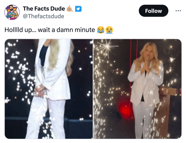 Tweet that reads, "Holllld up… wait a damn minute 😂😭" with side by side images of Erika Kirk and Druski dressed as her.