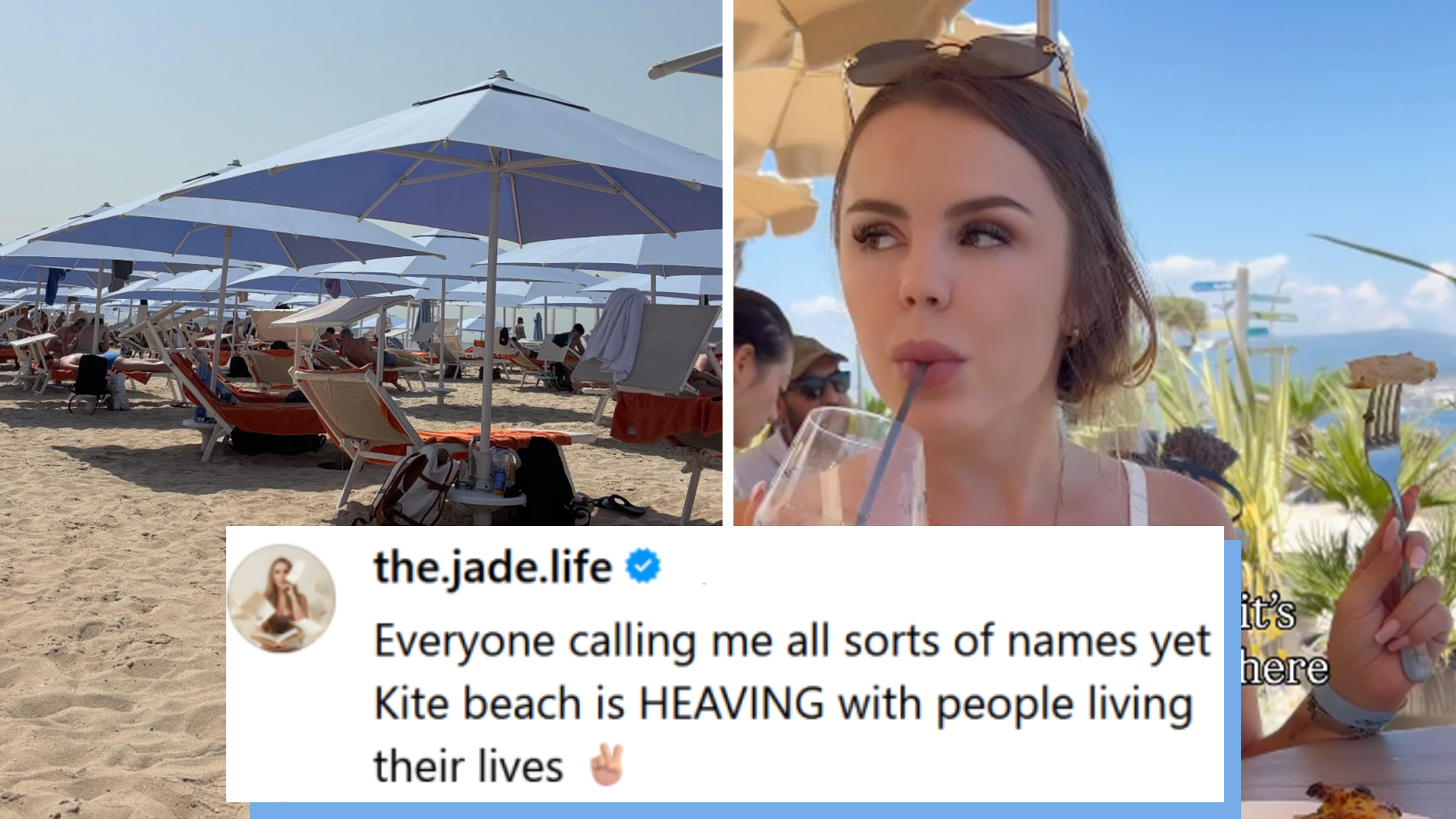 Left: Beach scene in Dubai, United Arab Emirates. Right: Yougn brunette woman sipping on a drink from a straw, beach scene background. Threads post text overlay reads, "Everyone calling me all sorts of names yet Kite beach is HEAVING with people living their lives."
