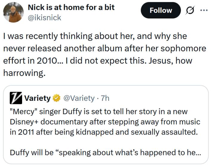 Tweet reading "I was recently thinking about her, and why she never released another album after her sophomore effort in 2010... I did not expect this. Jesus, how harrowing."