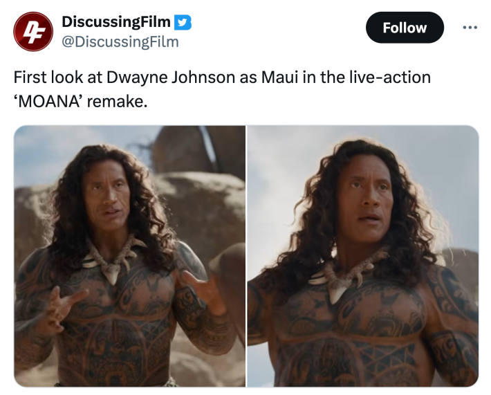 Tweet that reads, "First look at Dwayne Johnson as Maui in the live-action ‘MOANA’ remake." with photos of The Rock as Maui.