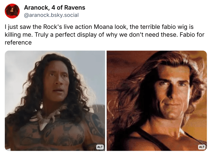BlueSky post that reads, "I just saw the Rock's live action Moana look, the terrible fabio wig is killing me. Truly a perfect display of why we don't need these. Fabio for reference" with side by side photos of The Rock and Fabio.