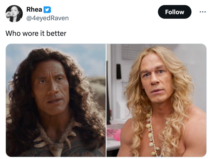 Tweet that reads, "Who wore it better," with photos of The Rock as Maui and John Cena as mermaid Ken.