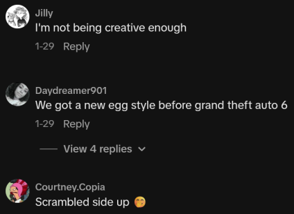 Comentários do TikTok incluindo uma leitura "Temos um novo ovo src antes de Grand Theft Auto 6"