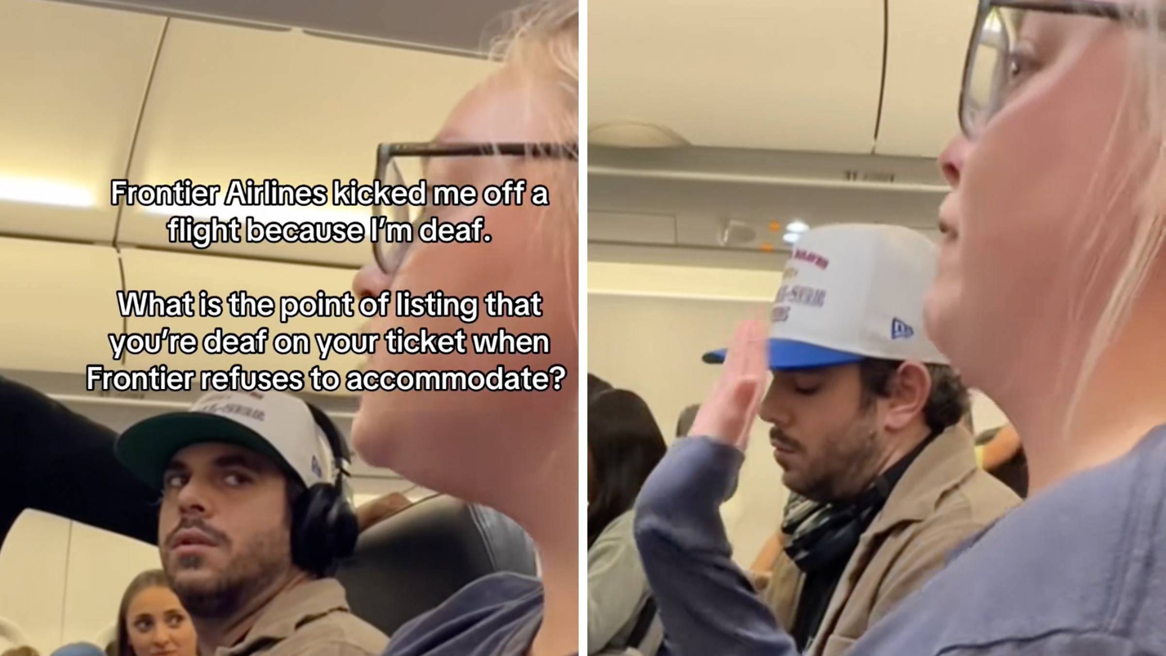 Deaf woman being talked to by Frontier Airline flight attendants.