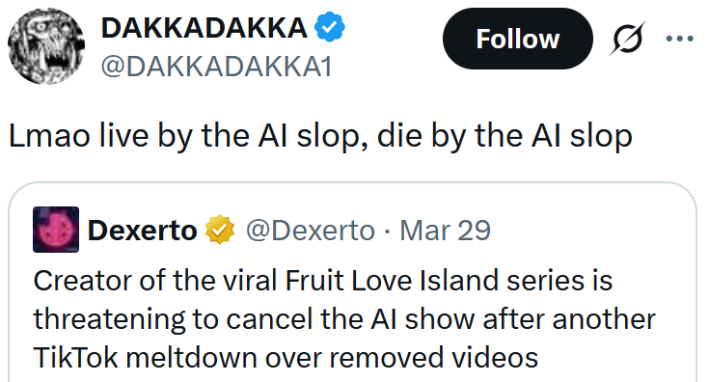 Tweet reading "Lmao live by the AI slop, die by the AI slop"