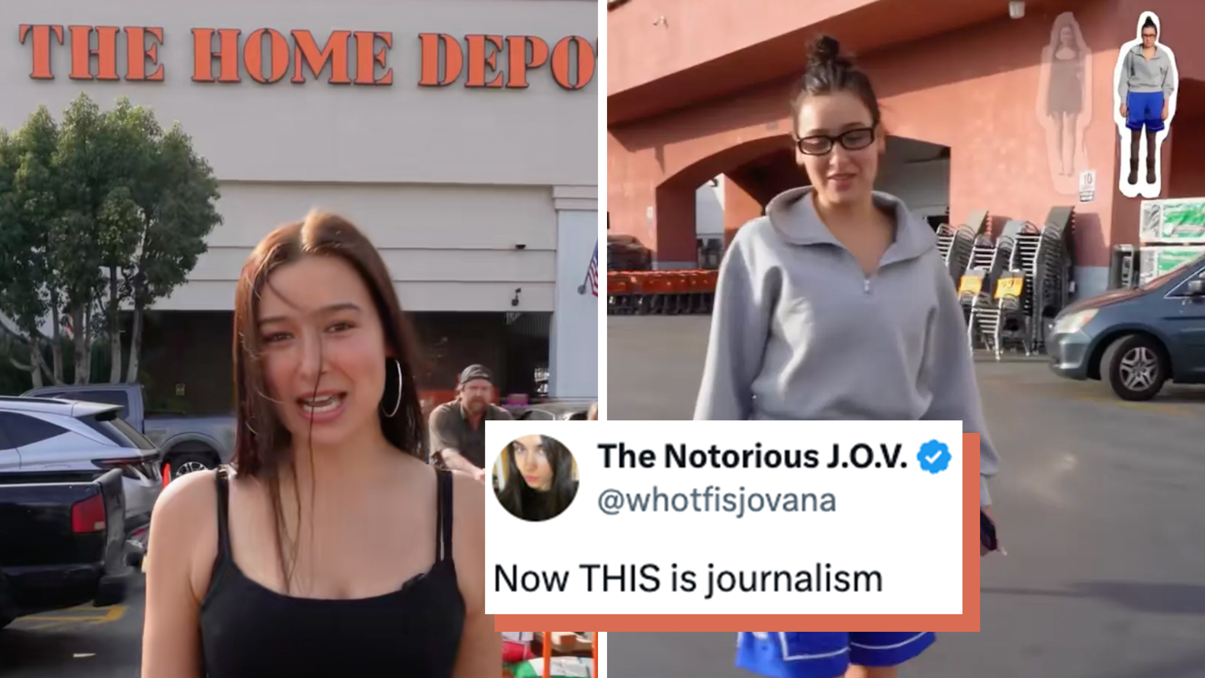 Left: Woman with long dark hair standing in front of a Home Depot store. Right: Woman dressed in basketball shorts, a gray sweatshirt, and thick glasses with her hair in a bun, standing in front of a Home Depot store. Tweet text overlay reads, "Now THIS is journalism."