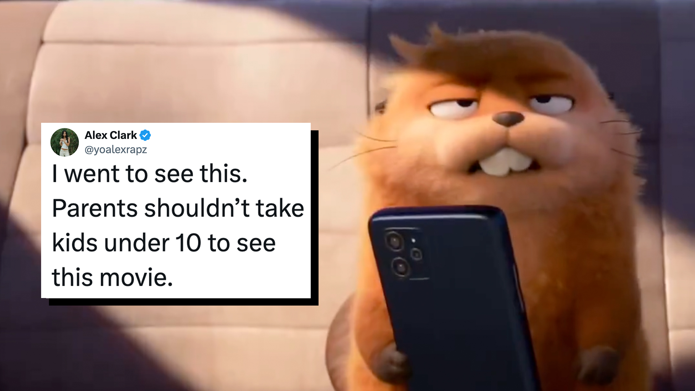 Tweet text overlay from right-wing podcast host Alex Clark reading "I went to see this. Parents shouldn’t take kids under 10 to see this movie."