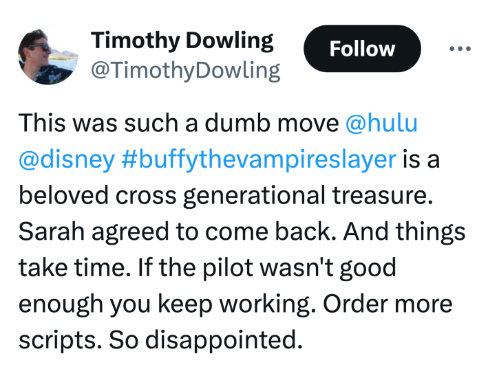 Tweet that reads, "This was such a dumb move @hulu @disney #buffythevampireslayer is a beloved cross generational treasure. Sarah agreed to come back. And things take time. If the pilot wasn't good enough you keep working. Order more scripts. So disappointed."