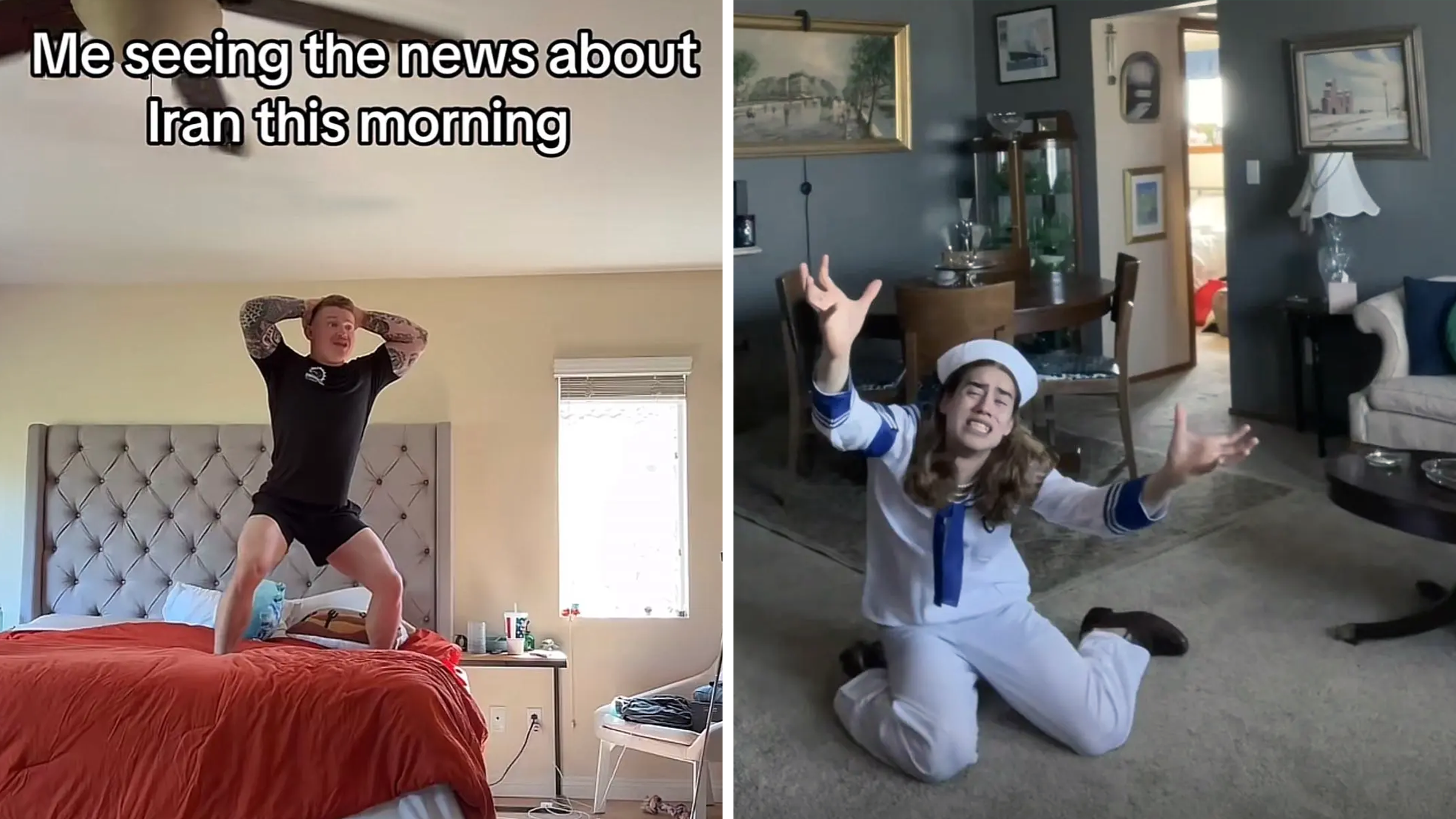 L: man panics with hands on his head; R: man dressed in navy uniform cries out