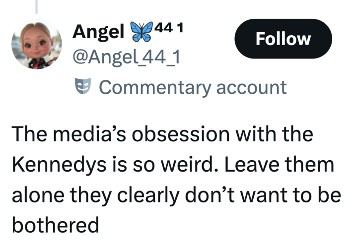 Tweet that reads, "The media’s obsession with the Kennedys is so weird. Leave them alone they clearly don’t want to be bothered"
