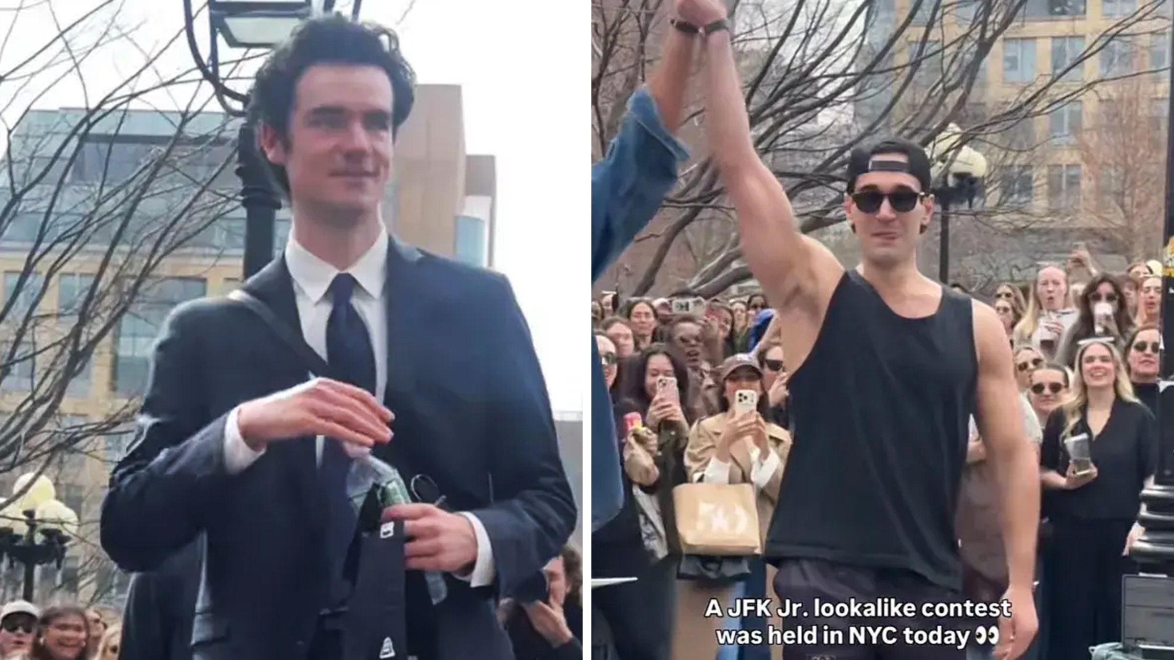 Left: Contestant from New York City's JFK Jr. lookalike contest in Washington Square Park, dressed in a black suit and tie. Right: Contestant from New York City's JFK Jr. lookalike contest in Washington Square Park with his arm up in the air.