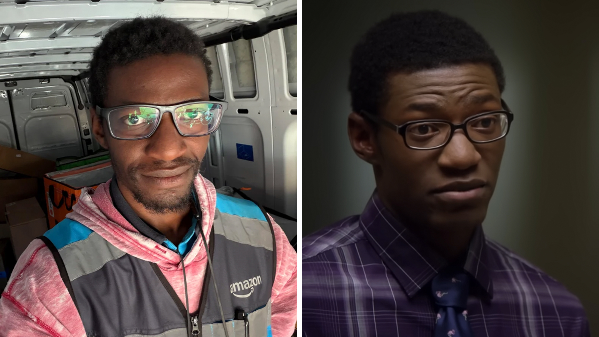 Left: Actor John Christian Love working as an Amazon delivery driver, sitting in a truck wearing an Amazon vest. Right: Clip from "Better Caul Saul" of actor John Christian Love in his role as Ernesto.