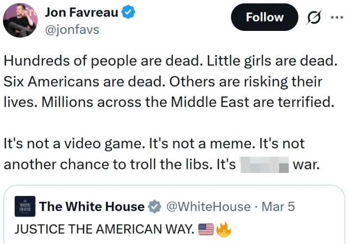 Tweet reading "Hundreds of people are dead. Little girls are dead. Six Americans are dead. Others are risking their lives. Millions across the Middle East are terrified. It's not a video game. It's not a meme. It's not another chance to troll the libs. It's [expletive] war."