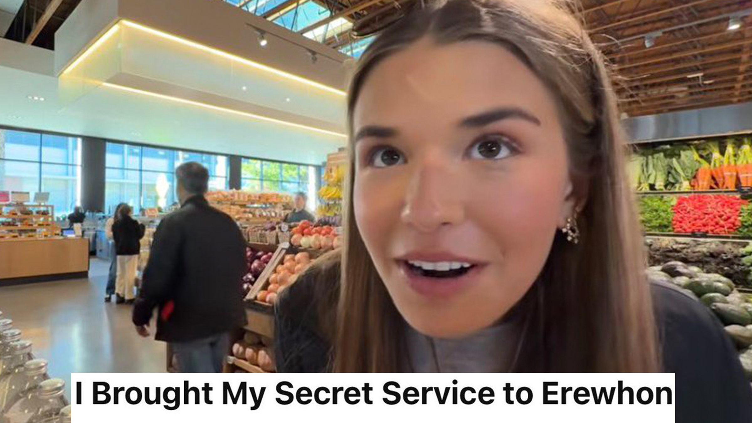 President Donald Trump's 18-year-old granddaughter Kai Trump inside of an Erewhon grocery store, YouTube title text overlay reads "I brought my Secret Serviece to Erewhon."