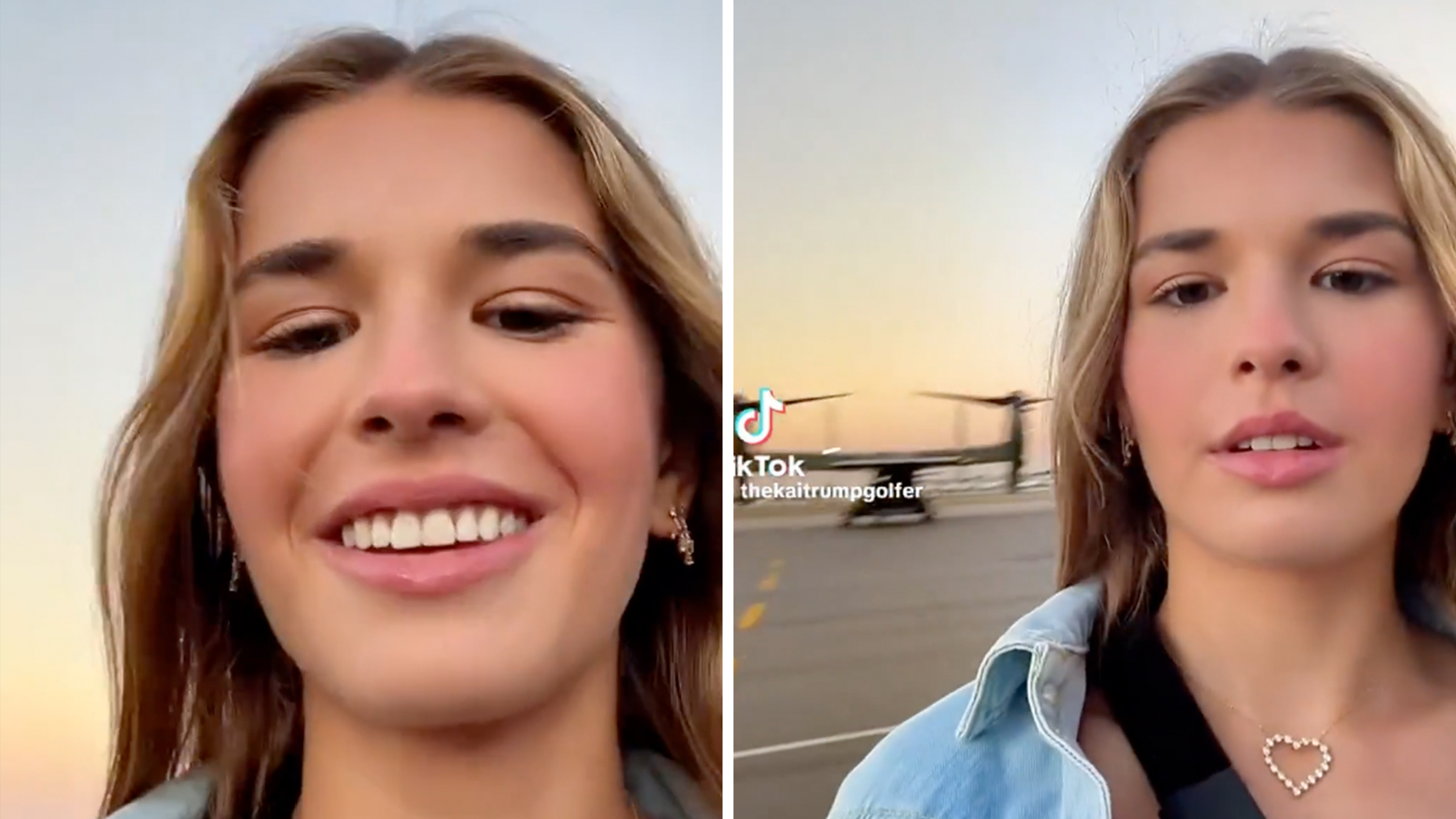 President Donald Trump's 18-year-old granddaughter standing on a runway with helicopters visible behind her.