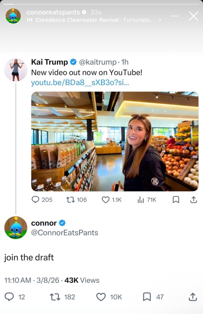 Screenshot of an Instagram story from ConnorEatsPants telling Kai Trump to "join the draft."