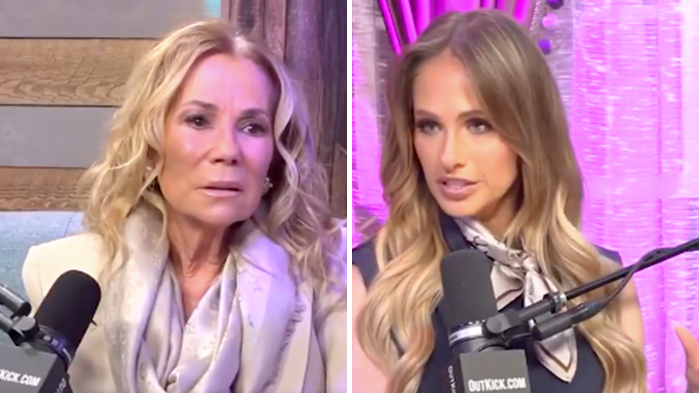 Left: Talk show host Kathie Lee Gifford speaking on Tomi Lahren's podcast. Right: Right-wing commentator Tomi Lahren speaking into a microphone during her podcast.
