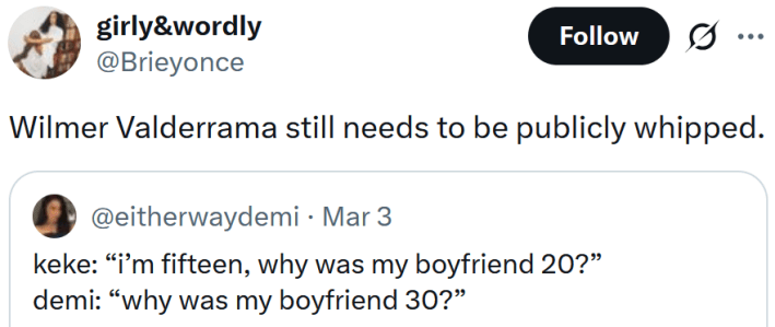 Tweet reading "Wilmer Valderrama still needs to be publicly whipped."