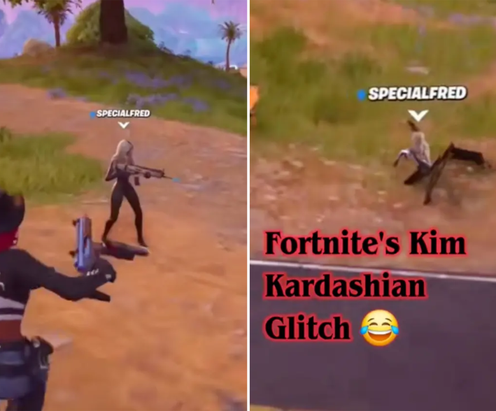 screen from fortnite showing glitched Kim K skin