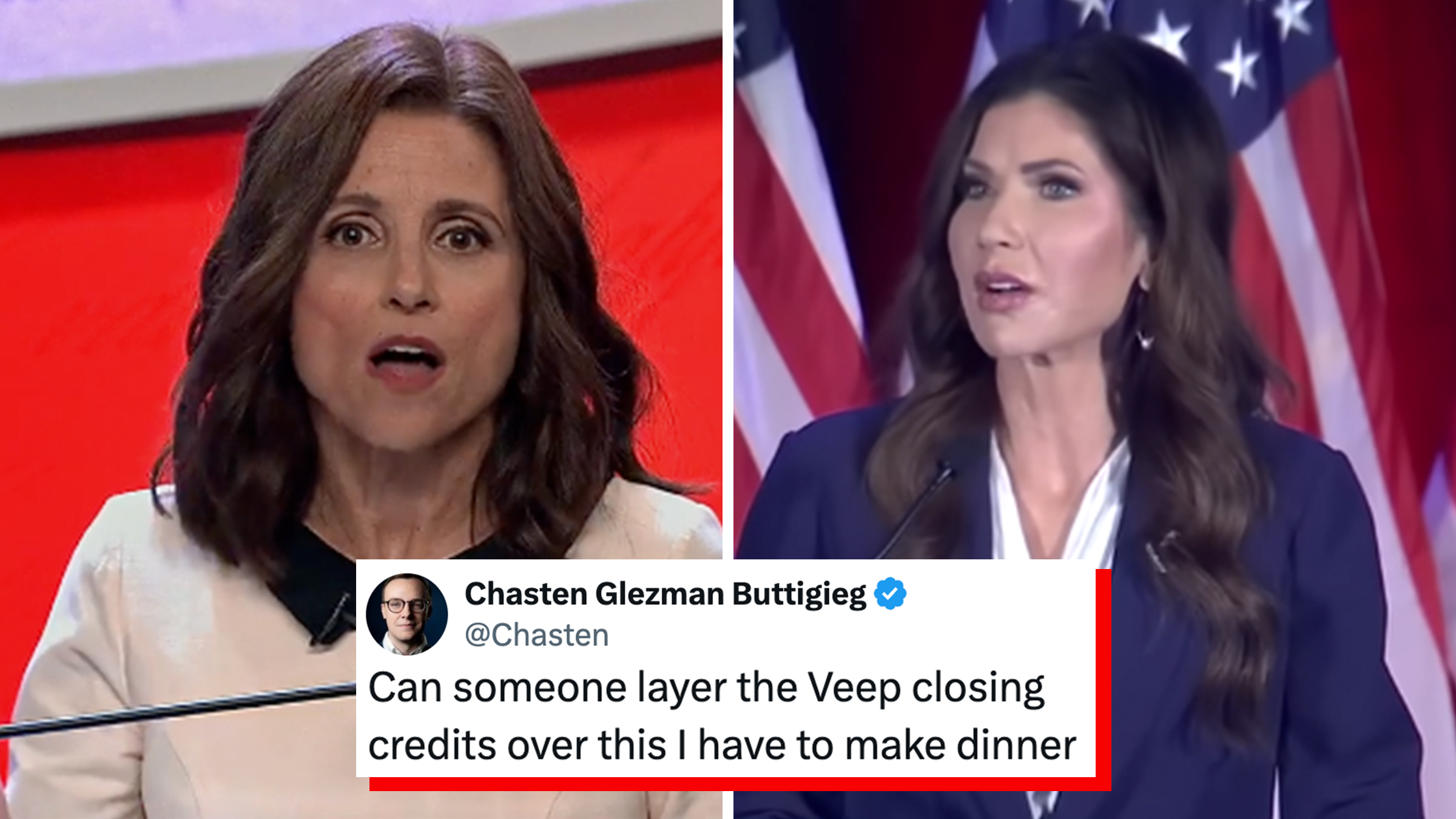 Left: Julia Louis-Dreyfus in her role as Selena Meyer on "Veep" speaking at a presidential debate. Right: Former Department of Homeland Security Security Kristi Noem speaking into a microphone with American flags behind her. Tweet overlay from Chasten Glezman Buttigieg reads, "Can someone layer the Veep closing credits over this I have to make dinner."