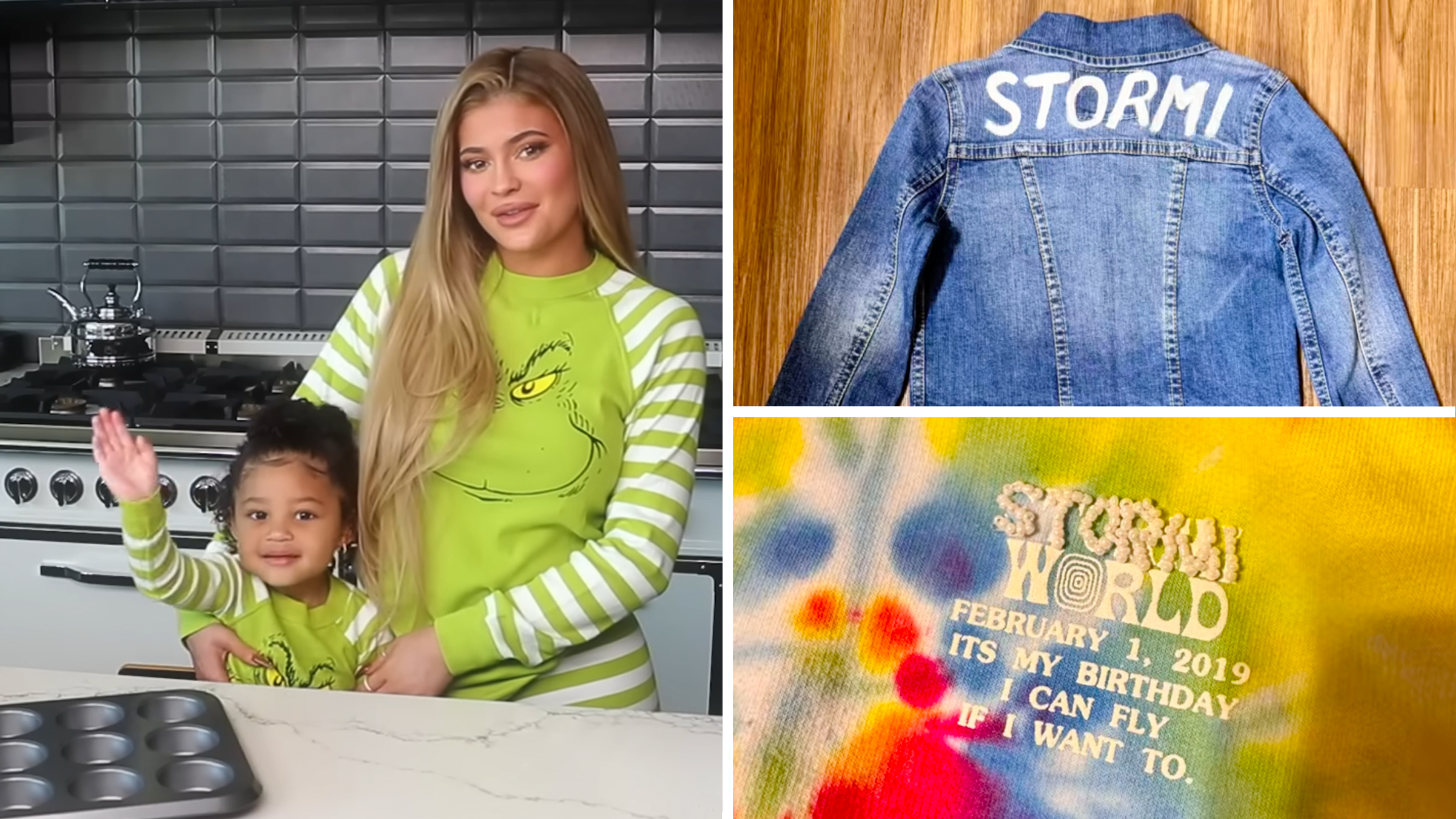 kylie jenner posing with stormi and her clothes found at goodwill