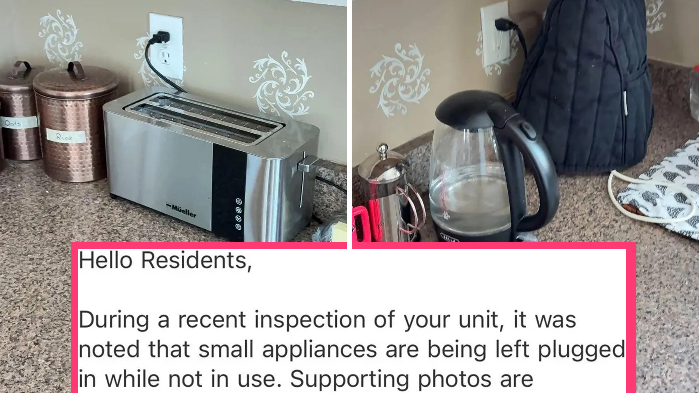 Left: Toaster visible plugged in. Right: Electric kettle plugged in on a countertop.