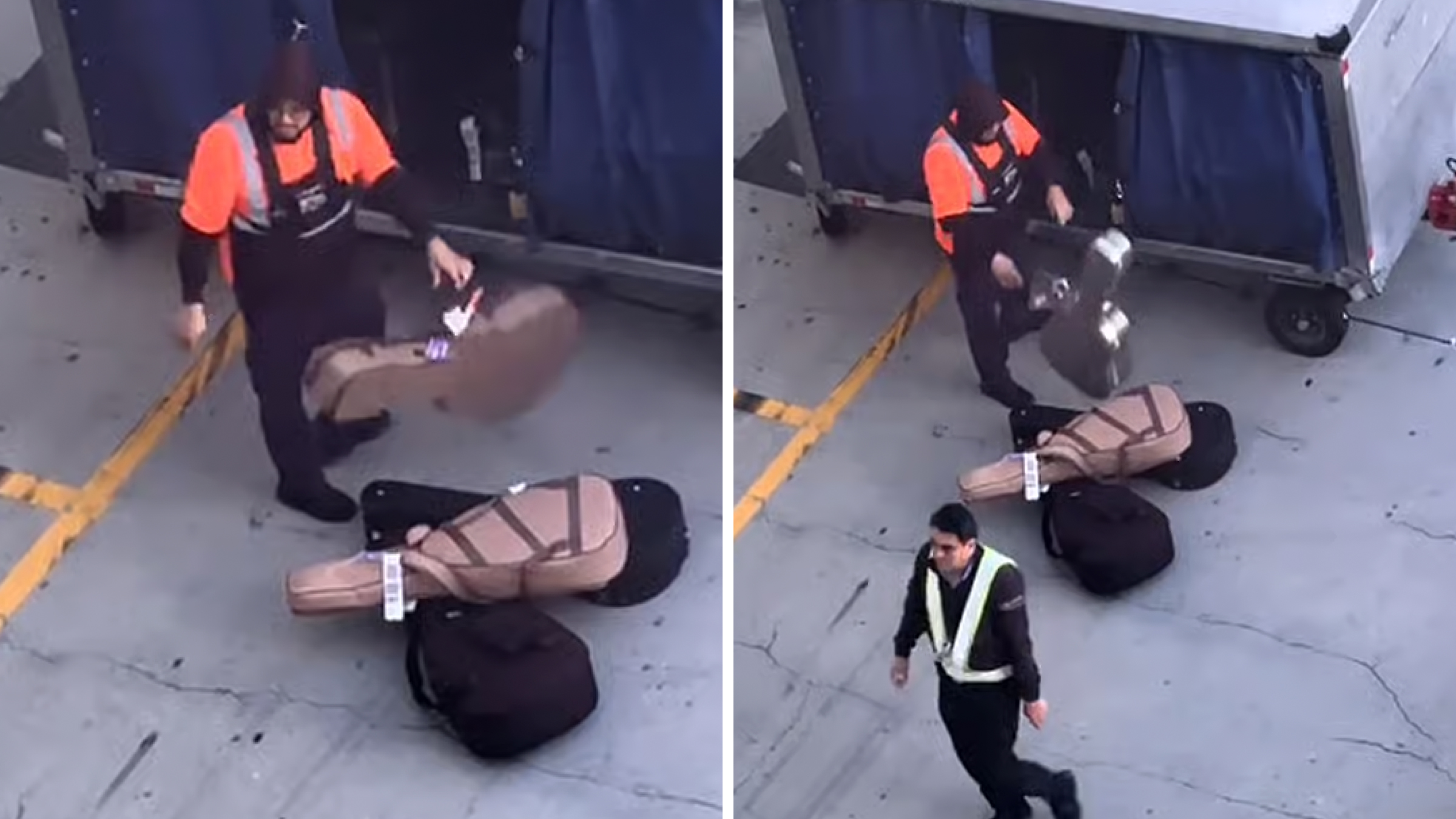 Baggage handler at LAX casually tossing guitars onto the tarmac.