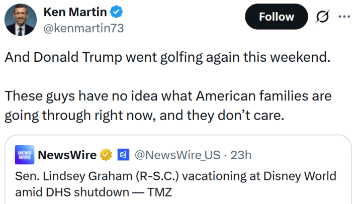 Tweet reading "And Donald Trump went golfing again this weekend. These guys have no idea what American families are going through right now, and they don’t care."
