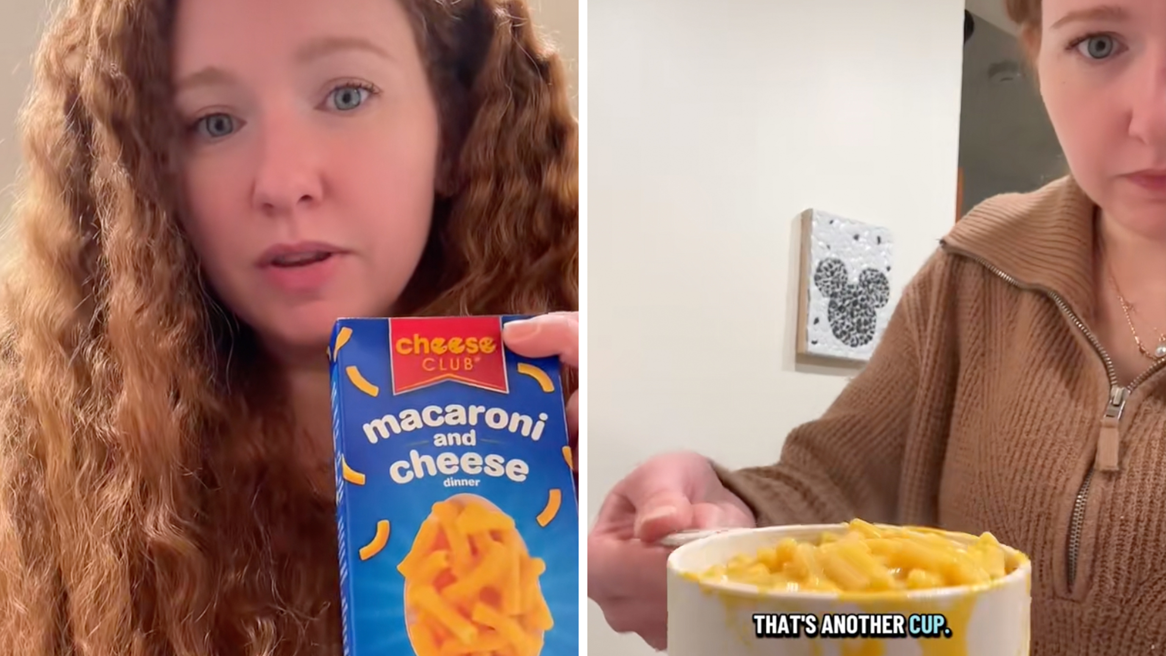Left: Woman with long red hair holding a blue box of Cheese Club macaroni and cheese. Right: Woman holding a one-cup service size cup of prepared macaroni and cheese.