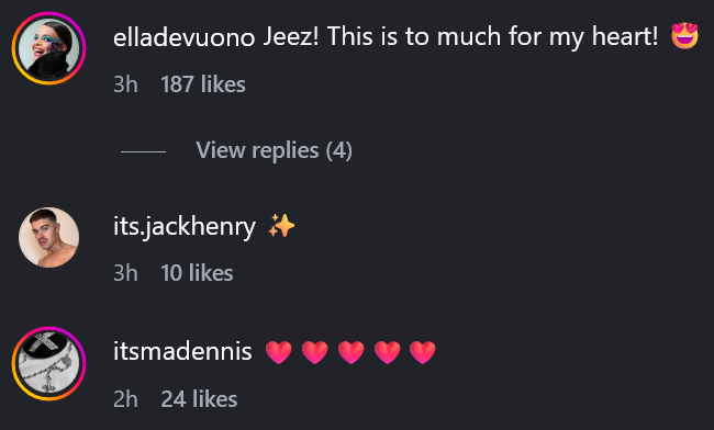 Instagram comments including one reading "Jeez! This is to much for my heart!"