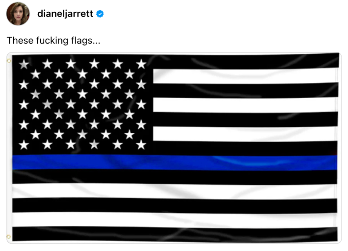 Postagem de tópicos que diz, "Essas malditas bandeiras..." com uma foto de uma bandeira do Orgulho da Polícia.