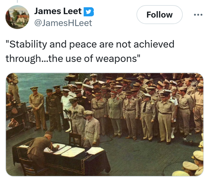 Tweet that reads in quotes, "Stability and peace are not achieved through...the use of weapons" with a war photo taken aboard a ship.