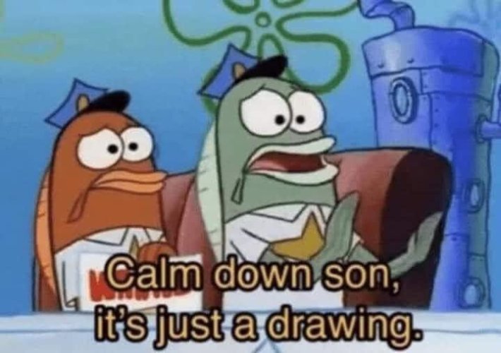 Cena de Bob Esponja onde dois peixes policiais parecem preocupados e um deles diz: "Calma filho, é só um desenho."